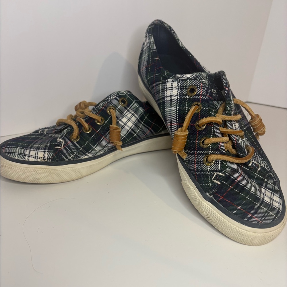 Sperry Plaid Canvas Sneakers with Cream Soles Leather Laces